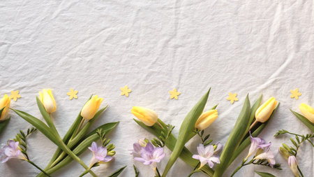 Yellow tulips and small pastel blooms lie along the lower edge on crumpled light fabric with...