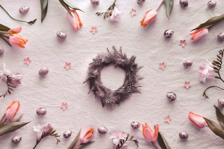 Pastel Easter wreath arranged with tulips, speckled eggs and floral accents on textured fabric with an empty central area available for text or design placement, offering soft seasonal styling and delicate color paletteの写真素材