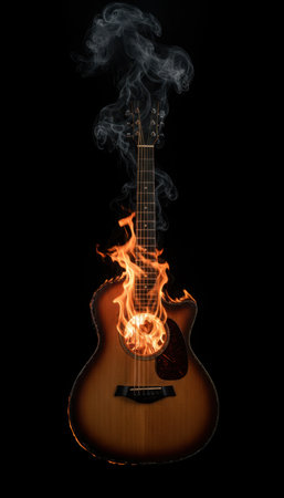 Acoustic guitar engulfed in realistic flames with curling smoke rising into a deep black background, warm tones emphasize wood grain and there is ample empty dark space available for text and graphic layoutsの素材