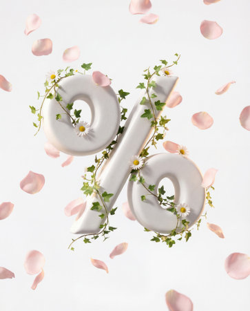 Percent symbol wrapped in green ivy and small daisies surrounded by falling pink petals and soft light. The clean white background emphasizes nature themed finance and seasonal promotion conceptsの素材