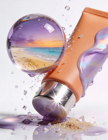 Cosmetic tube contains iridescent cream and scattered sand with reflective water droplets. A glass sphere reflects a beach sunset over waves. The composition merges product styling with coastal textures and luminous highlightsの素材