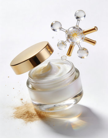 Luxury face cream jar rests on white background with soft shadow and gold powder accent. The creamy texture is visible and stylized cosmetic molecule elements float above to suggest active ingredients and scientific appealの素材
