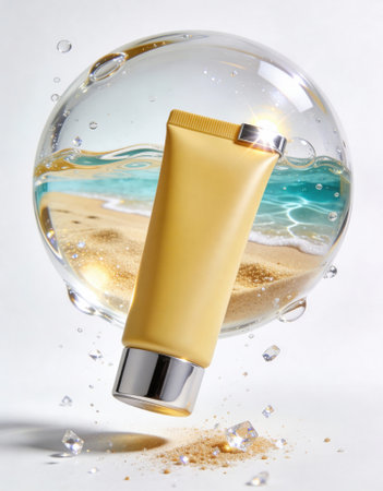 Sunscreen tube floats in front of a miniature beach scene captured inside a clear bubble. Golden sand and turquoise water evoke sun protection and summer skincare with scattered grains and glossy reflectionsの素材