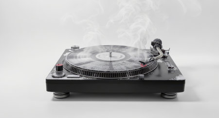 Turntable sits on a clean surface with a vinyl record emitting wisps of smoke and subtle reflections. Minimalist white background leaves ample copyspace and space for text or design elements for editorial and commercial useの素材