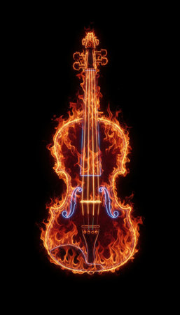Violin ignited in sculpted orange flames with blue highlights against a deep black background, high contrast glow and intense lines, with ample dark space available for text or design elementsの素材