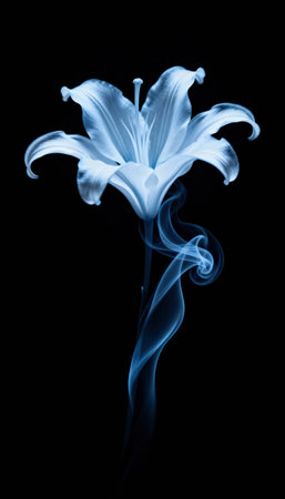 White lily formed by smoke swirls rises against a deep black backdrop forming a floral silhouette with flowing tendrils. Ample dark negative space offers space for text and design elements on the backgroundの素材