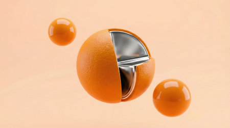 Orange sphere with textured peel exposes smooth metallic interior segments. Two glossy balls float nearby on a pale peach backdrop. The contrast of tactile peel and polished metal suggests a modern material studyの素材