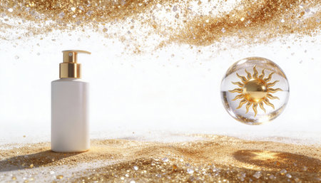 White lotion bottle sits on a bed of golden glitter and sandlike particles with a metallic pump. A decorative glass orb with a gilt sun motif floats nearby. Bright studio lighting creates soft shadows and reflective highlightsの素材