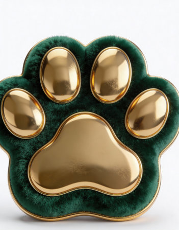 Gold paw-shaped keepsake rests on plush green velvet backing with a glossy metallic finish. It serves as a decorative jewelry or gift object for retail displays. The piece contrasts soft fabric and smooth metal surfacesの素材