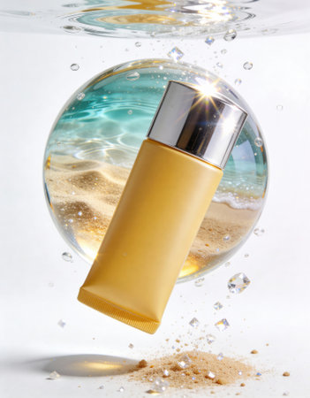 Cosmetic tube floats inside a glass bubble with underwater beach reflections and sand below. The metallic cap catches a highlight while water droplets and suspended crystals add a sense of purity and motionの素材