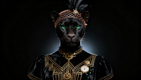 Black panther in regal costume with intricate gold filigree, an antique clock pendant and beaded feathered headpiece against a dark studio background, resulting in a moody, luxurious portrait with vintage steampunk accentsの素材