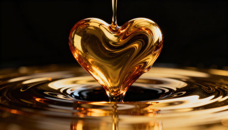Golden liquid forms a heart-shaped pour above a glossy rippled surface with warm metallic highlights and deep shadows, with strong contrast and ample dark copyspace for text or design elementsの素材