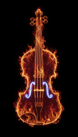 Violin outlined by stylized flames with glowing blue f-holes on a solid black background, evoking musical energy and leaving clear empty space around the instrument for text or design placements in a vertical layoutの素材