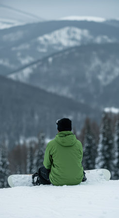 Man sits on a snowboard at the edge of a snowy slope looking toward misty mountain peaks and dense conifer forest, composed with open sky and blurred upper area that provides clear space for text or graphicsの素材
