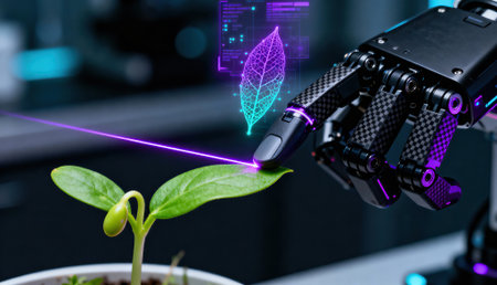 Robotic hand touches a young seedling leaf with a laser and holographic overlay, suggesting lab research in biotechnology and precision agriculture. A blurred dark background provides clean copy space for text or designの素材