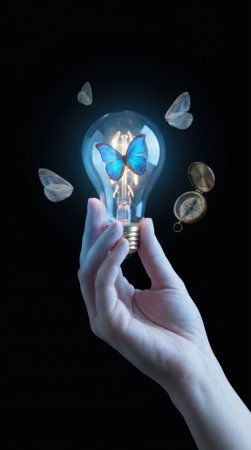 Hand holds a glowing light bulb containing a blue butterfly with translucent moths nearby, suggesting transformation and creativity, set against dark negative space with ample room for text or graphic elementsの素材