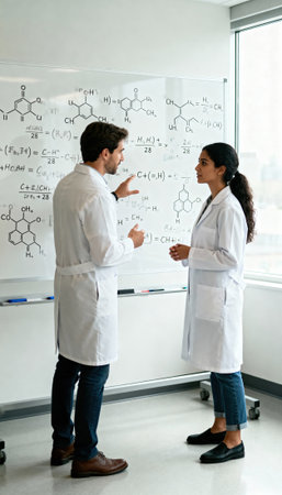 Scientists study chemical reactions and molecular structures on a whiteboard while collaborating in a bright laboratory setting with natural light from a large window and professional clothing and equipmentの素材