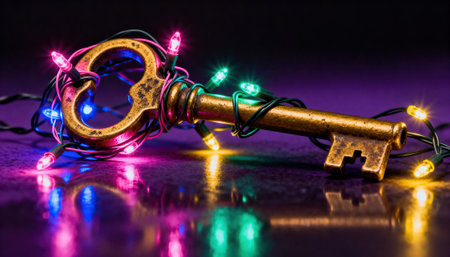 Antique brass key wrapped in multicolored fairy lights rests on a reflective surface with vivid colored highlights and a blurred dark background, leaving negative space at the top for text or design elementsの素材