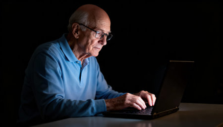 Older man uses laptop in low light while focused on screen and typing, conveying concentration and late-night work. Ample dark space to the right is available for text or design elements for editorial or commercial layoutsの素材