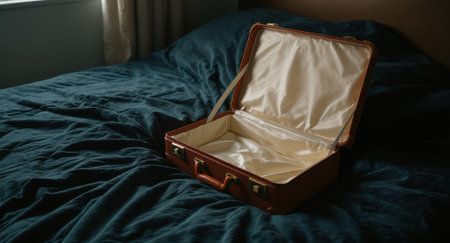 Open suitcase with satin lining rests on a rumpled teal bed under soft natural window light, with empty space on the left suitable for text and design, conveying travel preparation and packing conceptsの素材
