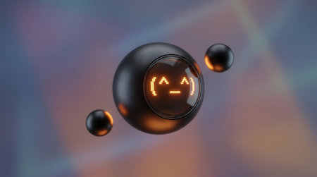 Floating orb with pixelated emoticon on a glossy black surface hovers against a soft gradient background. Two smaller spheres orbit nearby, suggesting technology, playfulness, and modern digital character in minimal compositionの素材