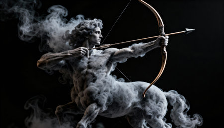 Centaur archer draws bow in a dynamic pose as sculptural smoke wraps the torso and horse body, strong contrast lighting emphasizes muscular anatomy and flowing motion on a deep black background conveying mythic energy and textureの素材