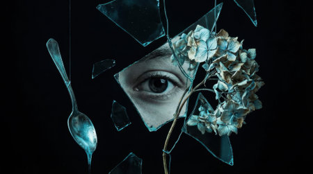 Eye peering through shattered glass in a moody still life arrangement with a dried hydrangea and a tarnished spoon on a dark background, evoking fragility, introspection and surreal atmosphere for conceptual useの素材