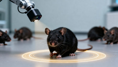Black rat stands under a robotic camera light on a laboratory floor with other rodents blurred in the background. There is open copy space to the right and above for text or graphic elementsの素材