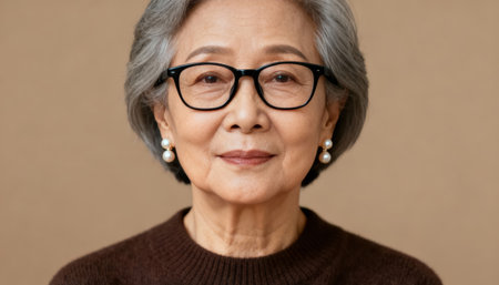 Senior woman with glasses and pearl earrings in a neutral beige portrait with soft even lighting and calm expression. The clean background offers ample negative space for text or graphic placement and unobtrusive compositionの素材