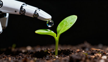 Robotic arm delivers a single water droplet onto a tender green seedling rising from fertile soil, symbolizing technology supporting growth and sustainability, with dark negative background and open space available for textの素材