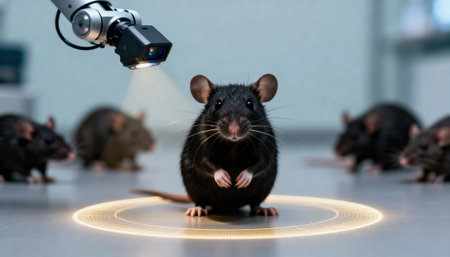 Black rat is centered on a lab table under a robotic camera and illuminated by a glowing circular marker, with other rodents blurred in the background and available space for copy and design textの素材