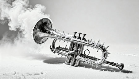 Trumpet lies on snowy ground with frost clinging to metal and wisps of smoke rising, metal spikes give a surreal industrial feel in monochrome tones and clear empty area to the right provides open space for textの素材
