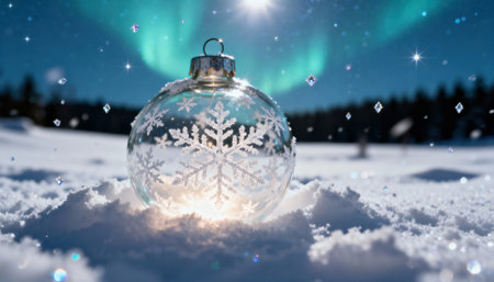 Glass Christmas ornament featuring a delicate snowflake design resting on snowy ground. Northern lights illuminate the winter night sky, creating a festive holiday atmosphere.の素材