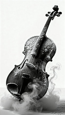 Violin with frosty texture leans against a clean white background with swirling smoke and soft shadows, offering strong contrast and ample empty space available for text or design elementsの素材