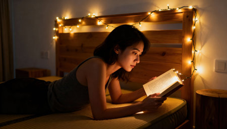 Woman reads book while lying on a bed in a dim bedroom lit by warm string lights and a bedside lamp. The scene conveys a quiet evening mood with soft shadows and cozy interior details, usable in lifestyle and editorial contextsの素材