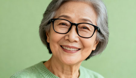 Woman smiles warmly with gray hair and black glasses in a close portrait against a soft green background, showing natural expression and gentle lighting, with clear empty space available for text or design elementsの素材