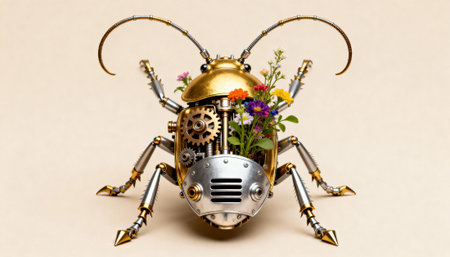 Mechanical beetle blends brass gears and chrome plating with colorful flowers and delicate stems, placed on a pale neutral background with empty space for text and design use in editorial or commercial projectsの素材