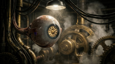 Steampunk mechanical eye hovers on articulated cables in an industrial workshop. Warm brass gears and pipes create a vintage engineered atmosphere under a focused overhead lamp, with drifting steam and textured metal surfacesの素材