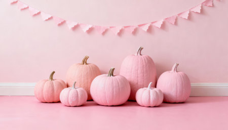 Pink pumpkins arranged on a pastel pink floor against a soft pink wall with bunting overhead and noticeable empty space for text or design. The minimalist seasonal still life evokes feminine, playful party and autumn decorの素材