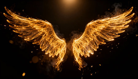 Glowing golden angel wings formed by sparkling light particles against a dark background. The radiant design creates a mystical, ethereal, and celestial ambiance.の素材
