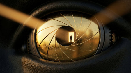 Silhouette visible through a camera aperture framed by spiral iris blades and warm backlight. The composition emphasizes depth and perspective with textured lens housing in foreground and a solitary figure at the distant doorwayの素材