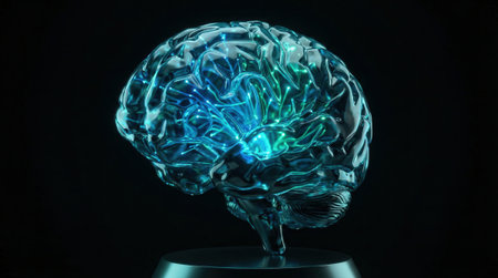 Brain sculpture on a pedestal against a dark background with translucent surface and internal blue and teal glow. It evokes neural networks and futuristic technology with high contrast lighting and visible surface textureの素材