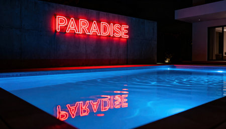 Swimming pool at night illuminated by neon PARADISE sign with vivid reflections on calm water and modern deck and architecture, dark wall offers available space for text and graphic layoutsの素材