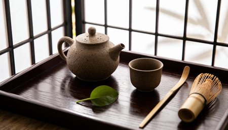 Tea set arranged on a dark wooden tray with a ceramic teapot, cup and bamboo whisk beside a bamboo scoop, positioned by a shoji screen with soft natural light and visible empty space for text and designの素材