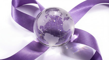 Crystal globe rests on flowing purple satin ribbon with soft reflections and subtle world map etching. Bright white background leaves open copy space available for text and layout use in commercial designsの素材