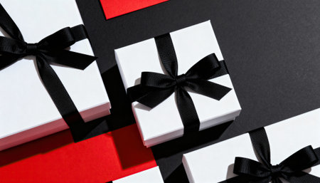 White gift boxes with black ribbons arranged on a minimalist black and red geometric backdrop with ample copyspace available for text and design elements, conveying luxury, contrast, and modern presentationの素材