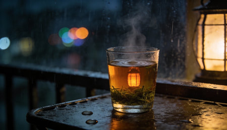 Glass of hot tea steams on a rain-splattered table beside a glowing lantern, with moody nighttime bokeh and dark blurred background that leaves space for text or design in compositional negative spaceの素材