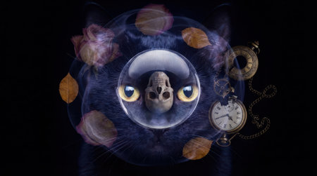 Black cat stares through a magnified crystal orb over its face with a vintage pocket watch and floating autumn leaves creating a surreal, mystical still life. Dark negative space allows text and design elementsの素材