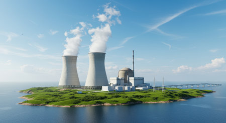 Nuclear power plant on a coastal island with twin cooling towers releasing white steam and a domed reactor building beneath a clear blue sky. Open sky and water areas provide copy space for overlay text and design elementsの素材