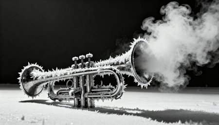Trumpet covered in frost lies on a cold surface with delicate ice crystals along the valves and bell, while vapor drifts into a dark background with available space for text, evoking a high-contrast still life and frigid atmosphereの素材